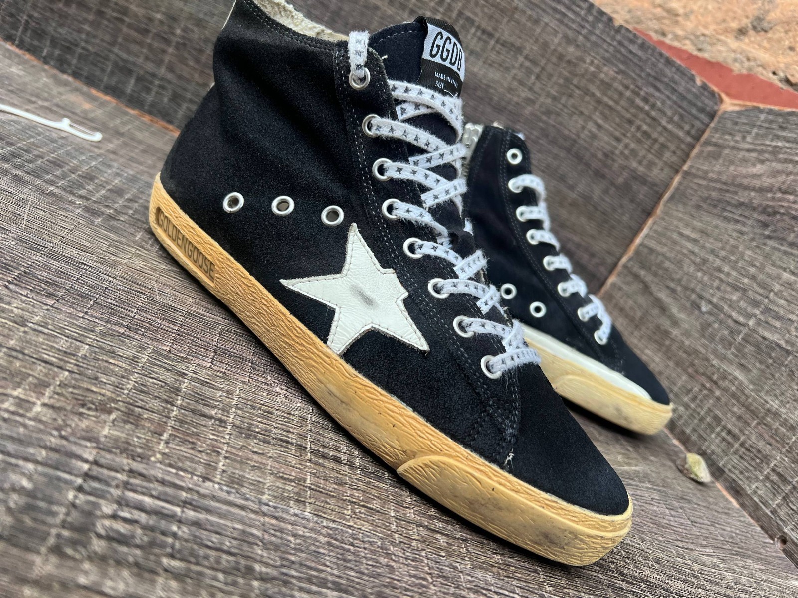 Golden Goose Francy Black Suede High Top Sneakers White Star Side Zip EU 38