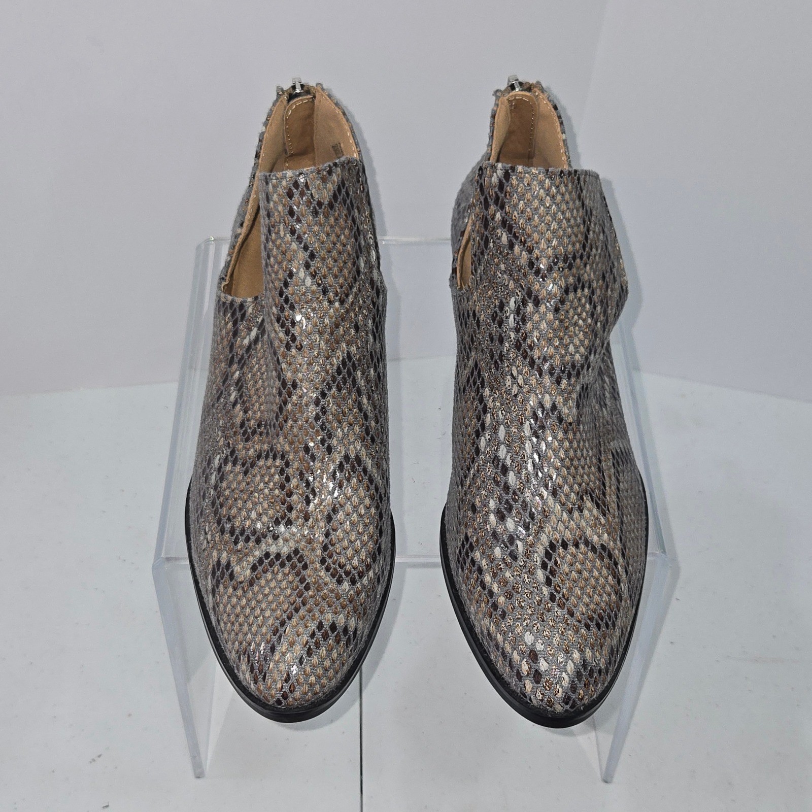 New Directions Fredricka Snake Print Ankle Booties Womens 6.5M Brown Gray Cutout