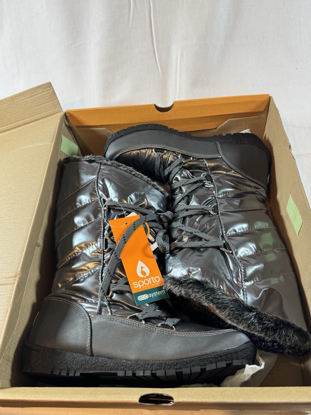 Sporto Charlie Waterproof Lace-Up Winter Boots Black Faux Fur Trim Women 7.5 M