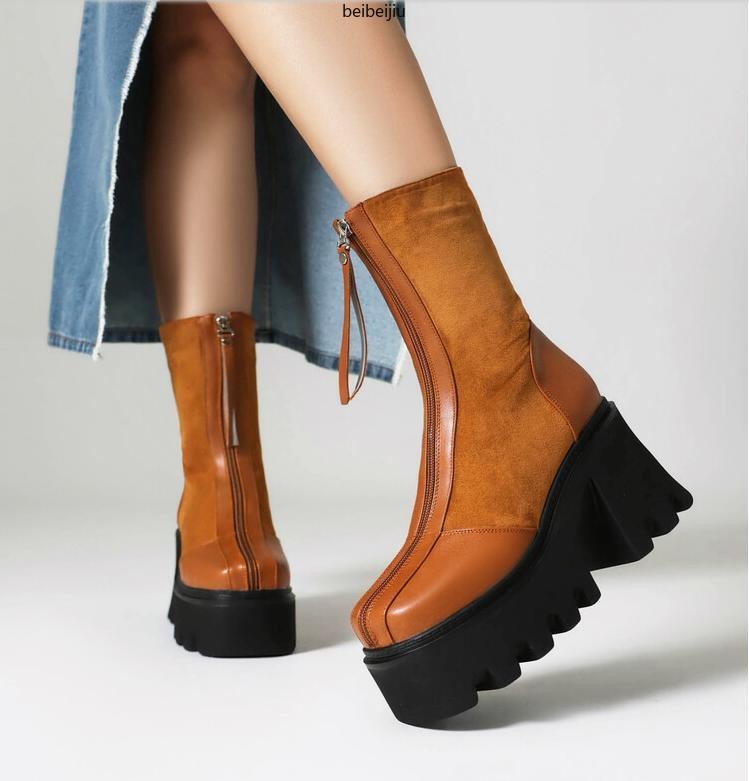 Women’s Platform Chelsea Abkle Boots High Block Shoes Thick Sole Motorcycle New