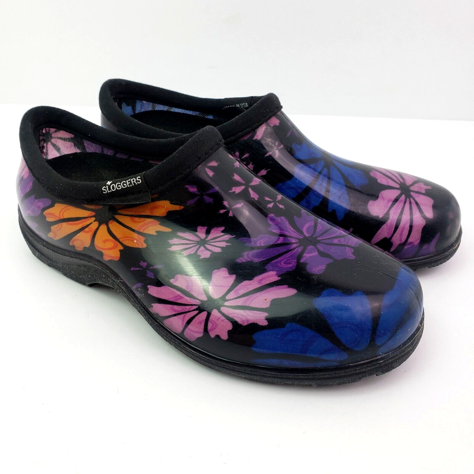 Sloggers Womens Size 6 Black Purple Floral Slip On Garden Rain Rubber Clog Shoes