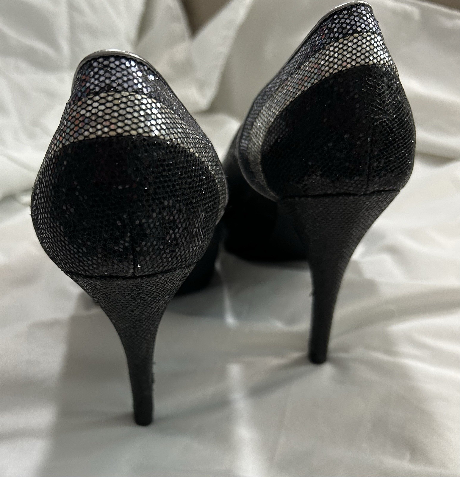 Worthington Women’s Black/Silver Glitter Peep Toe Stiletto Slip-On Pumps 7.5