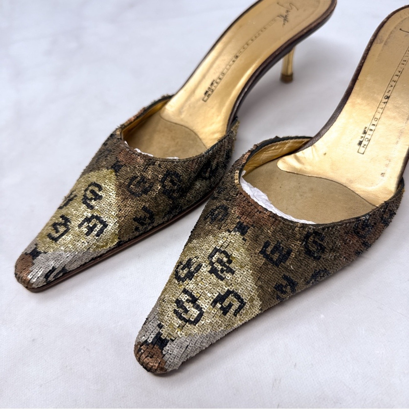Giuseppe Zanotti Vicini Vintage 90s Y2K Sequin GZ Logo Pointed Kitten Heel Mules