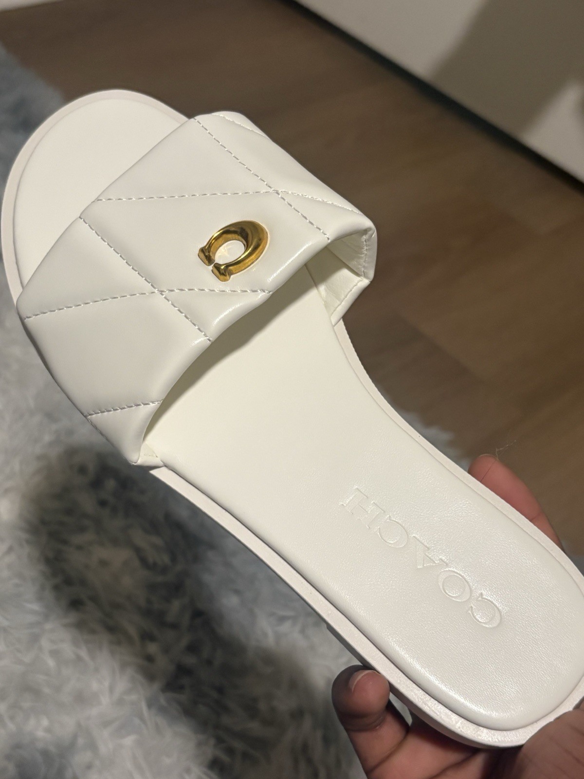 Coach White Quilted Leather Slide Sandals Gold Logo Women’s US 8 EU 38
