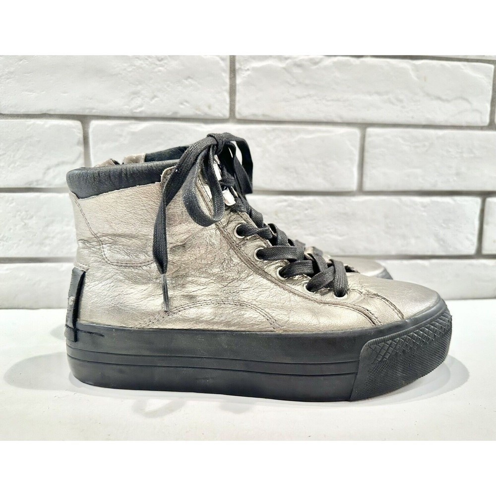 Crime London Silver Leather Distressed Studded Zipper High Top Sneakers 36/6