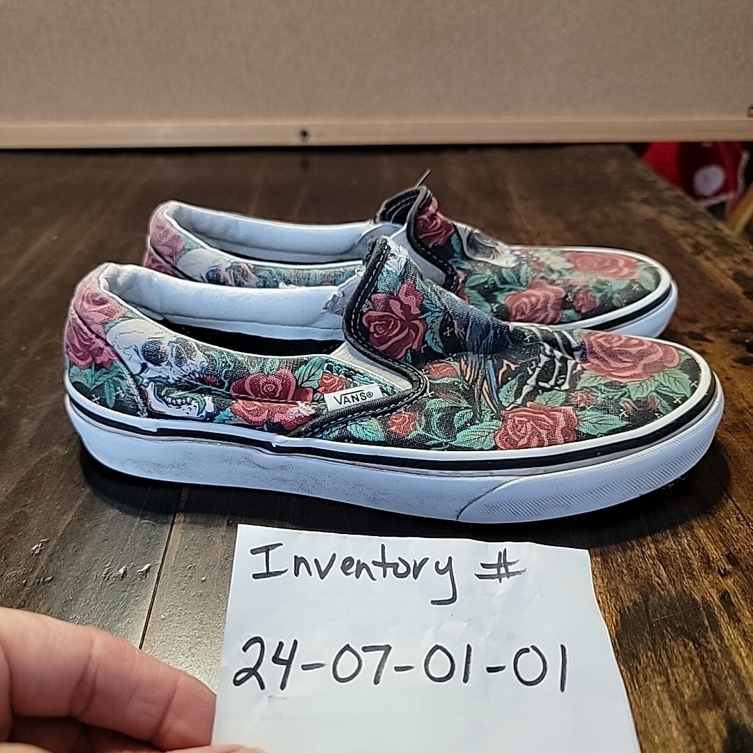 Trashed VANS Slip on shoes canvas skull roses death Black Crow Womens 7.5 Men 6