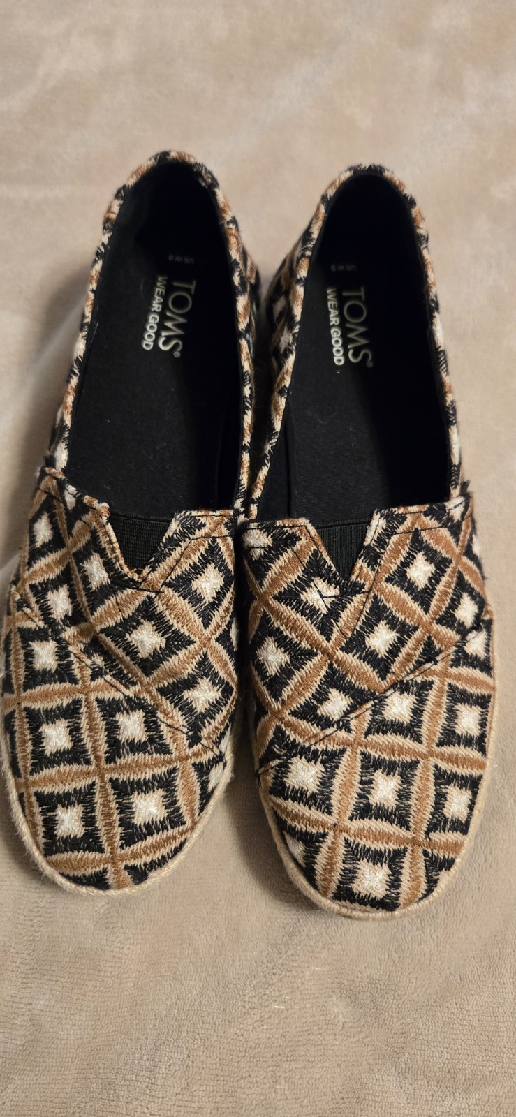 TOMS Black Geo Woven Alpargata Rope 2.0 Espadrille Slip On Shoes Women’s Size 9