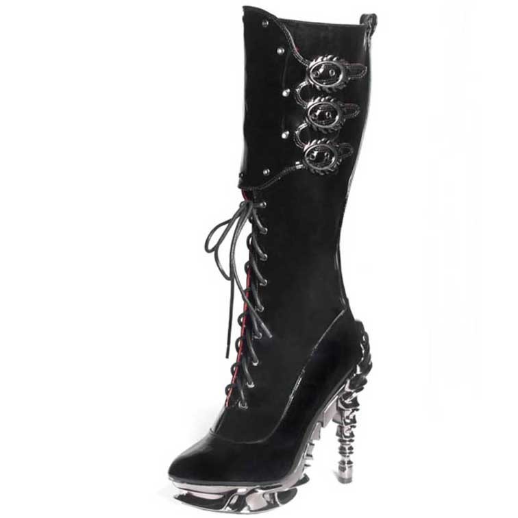 Hades HYPERION Black White Patent Glossy Knee High Boots 5″ Chrome Spinal Heel