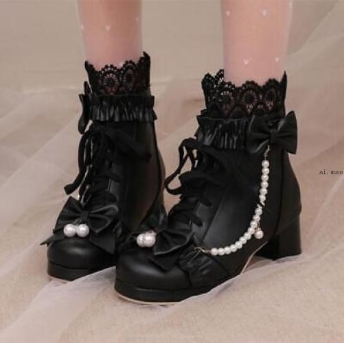 Women Bow Round Toe Block Heel Ankle Boot Lace Lolita Boot Sweety Mary Jane Shoe
