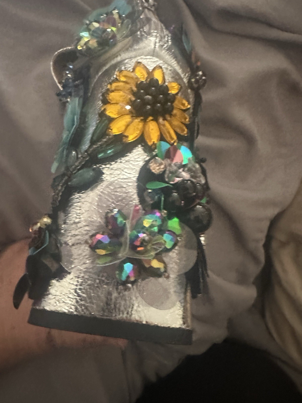 Silver Sequin 3D Flowers & Bees Embellished Ankle Wedding PROM VINTAGE NEVER WOR