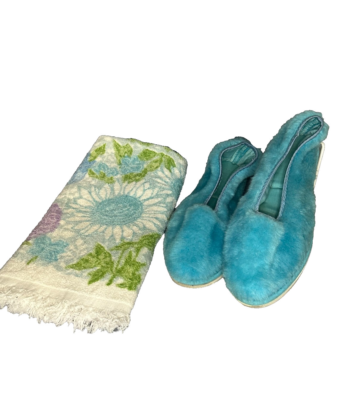 Vtg Fluff Scuff Fuzzy Faux Fur aqua blue Slippers Rubber Sole Medium 6.5-7.5