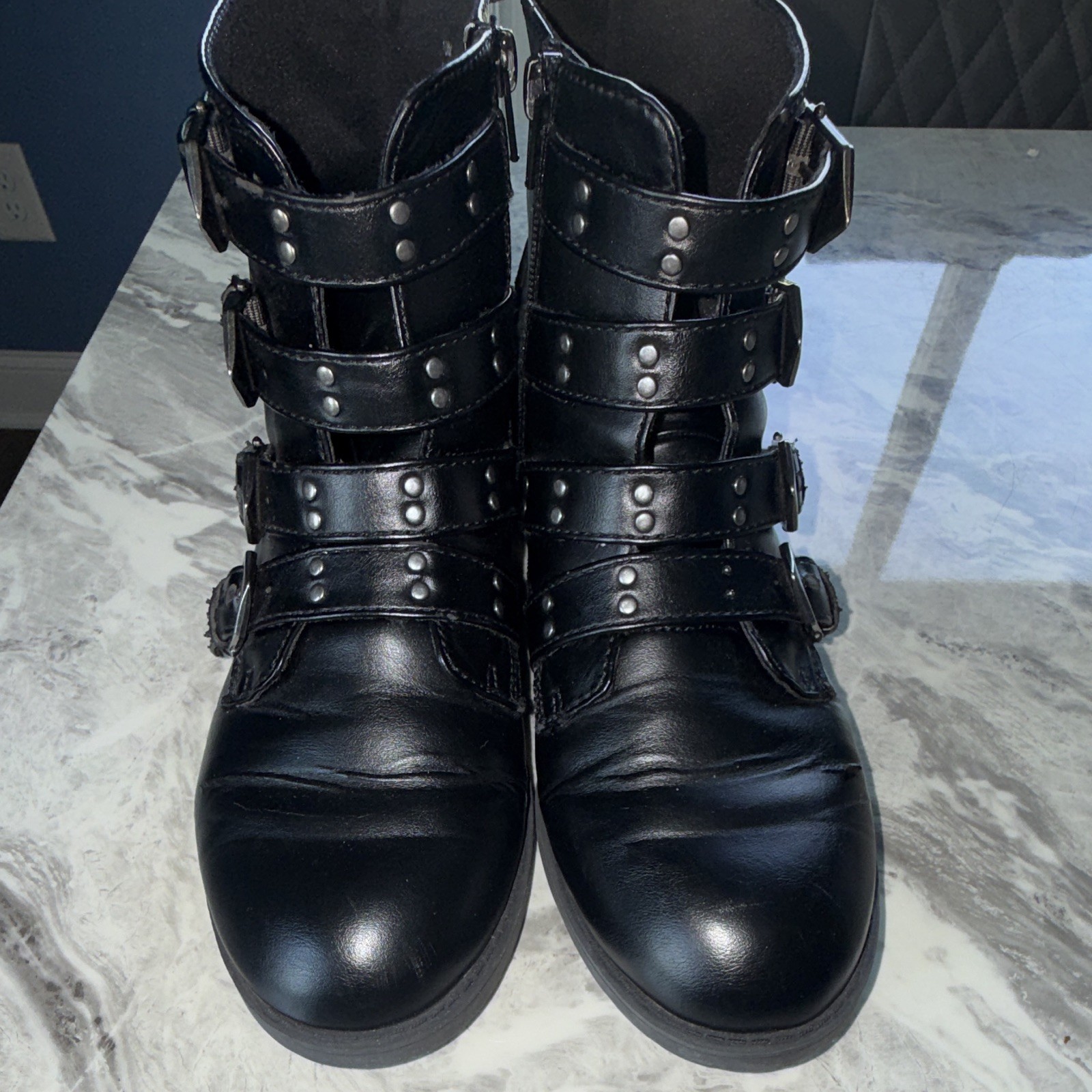 Black Leather Ankle Bootie Multi-Buckle Straps Studded Zip Round Toe 10