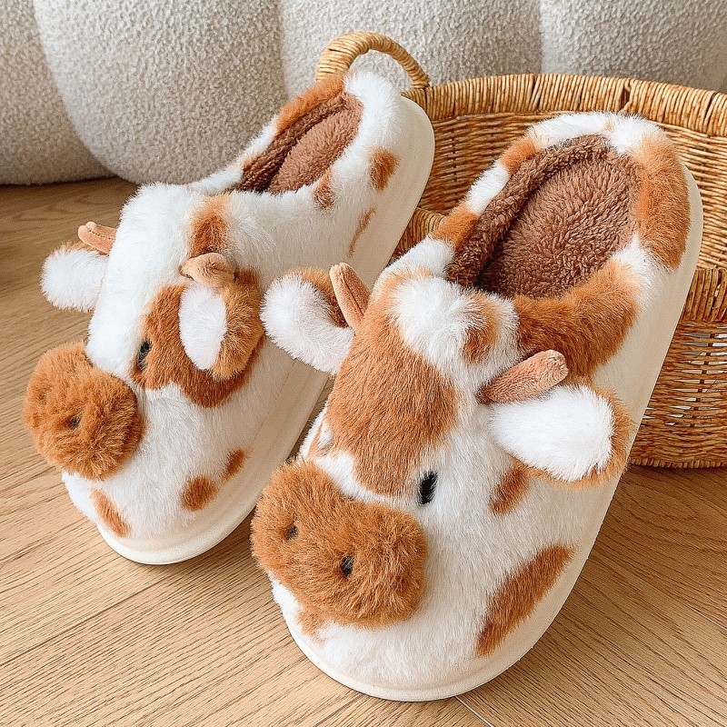 Winter Plush Warm Cotton Slippers Women Cute Cow Indoor Shoes Oversized EU 35-44