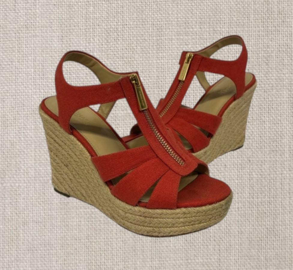 Michael Kors Berkley Espadrille Wedge Heels Red Tan Canvas w/Front Zipper 5.5M