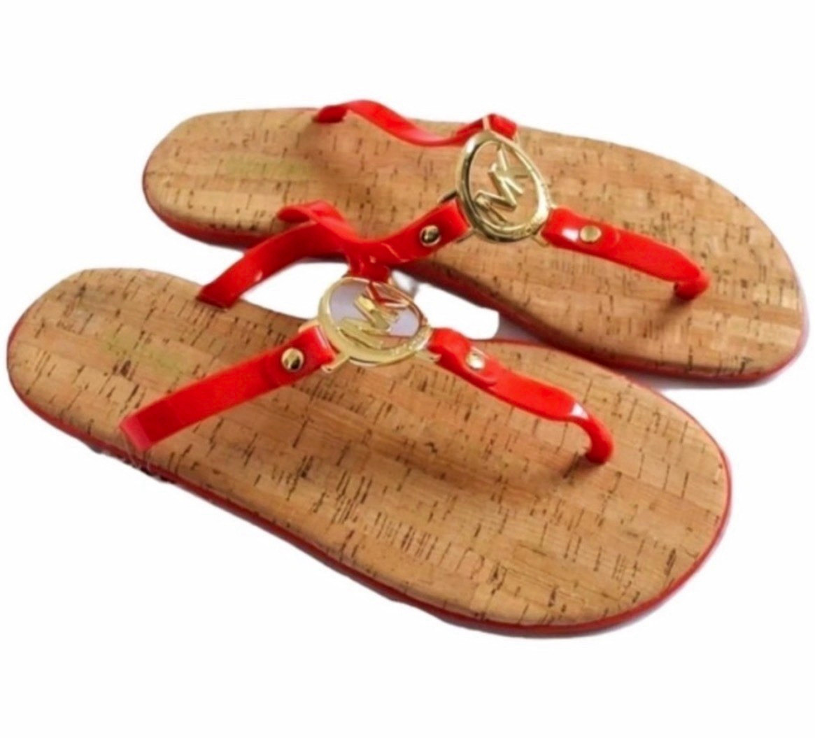 Michael Kors Orange Jelly Thong Sandals Cork Footbed Gold Logo Women’s 11