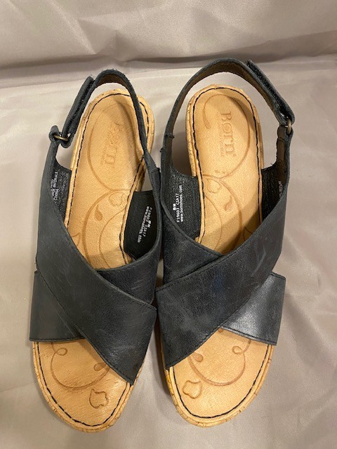 Born Platform 4.25″ Cork Wedge Slingback Sandals in Black ~ Size 8