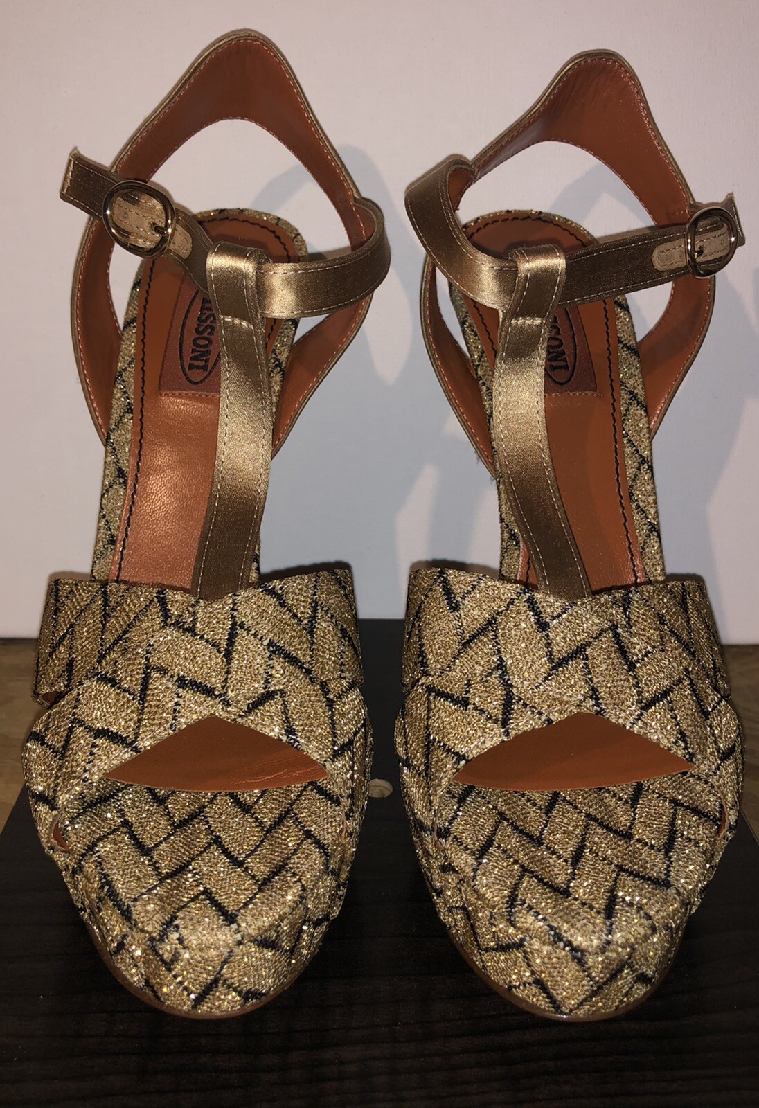 Missoni Chevron Pattern Gold Black Open Toe Platform Heels Size 8.5