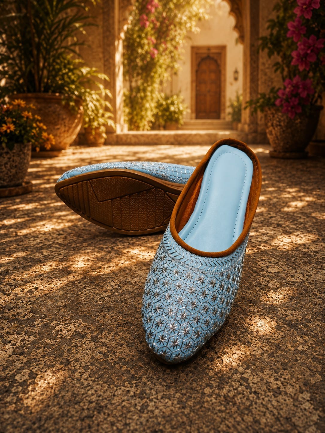 Women’s Sky Blue Embroidered Boho Mule Flats Slip On Ethnic Jutti Shoes