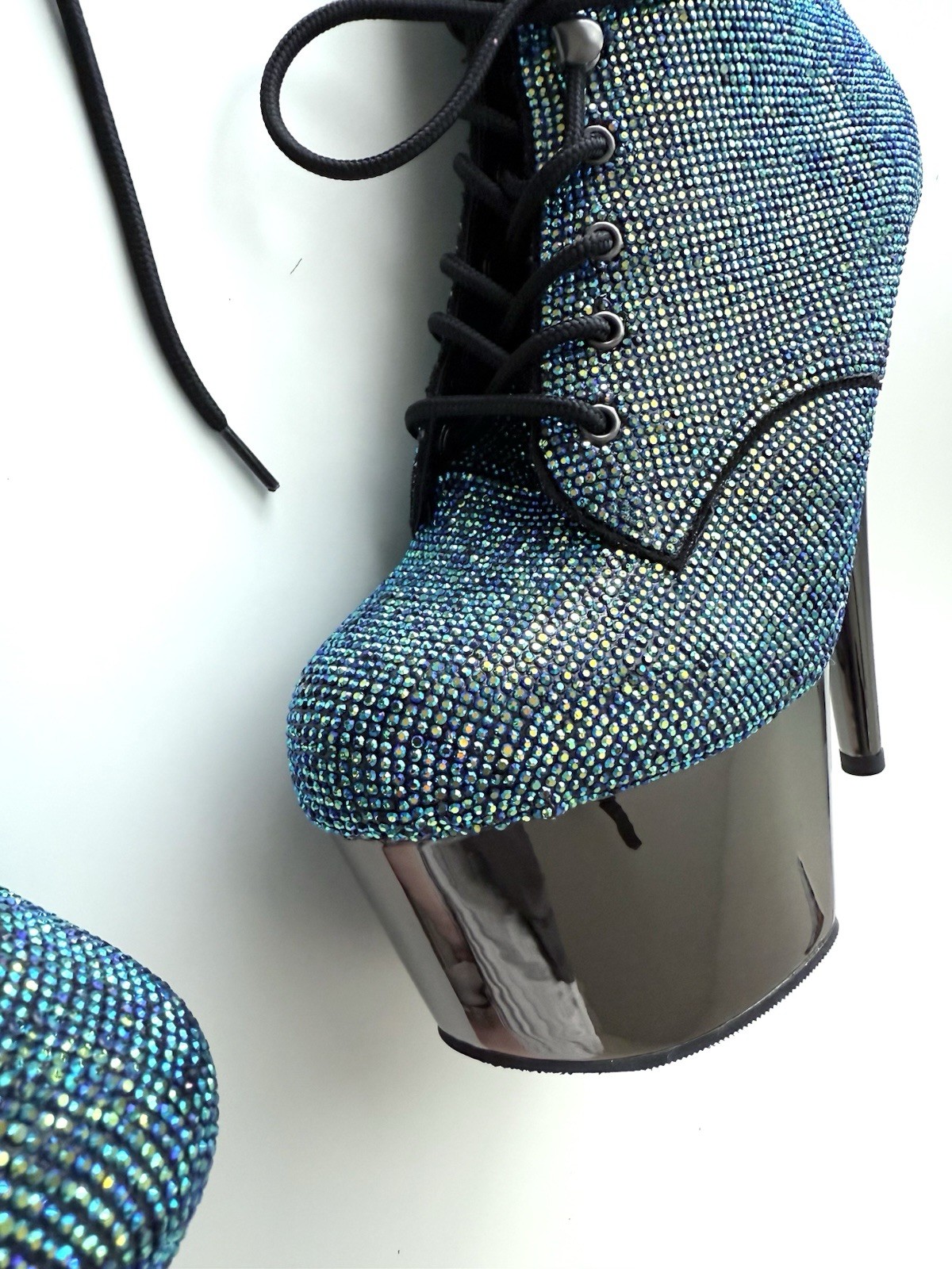 PLEASER Sexy 7″ Heel Chrome Platform Turquoise Rhinestones Covered Ankle Boots