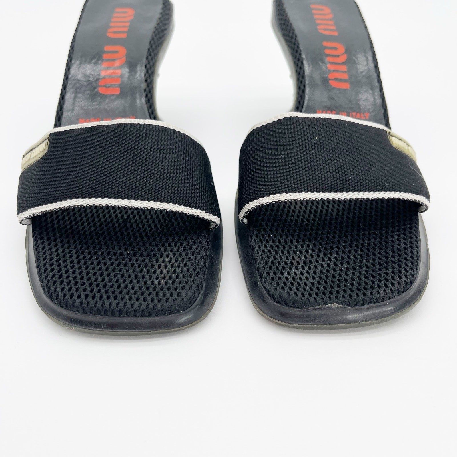 Miu Miu 90s y2k Black Mesh Logo Bubble Sole Kitten Heel Mules Slides IT 36.5