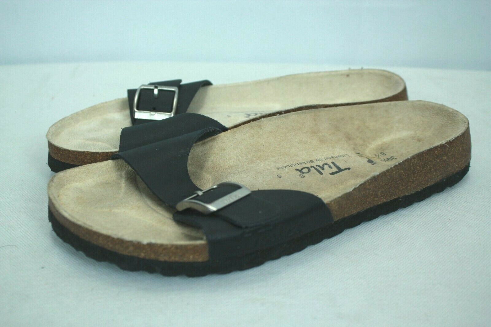 TULA BY BIRKENSTOCK BLACK LEATHER CORK SANDALS SIZE 39.5 NARROW EUC!