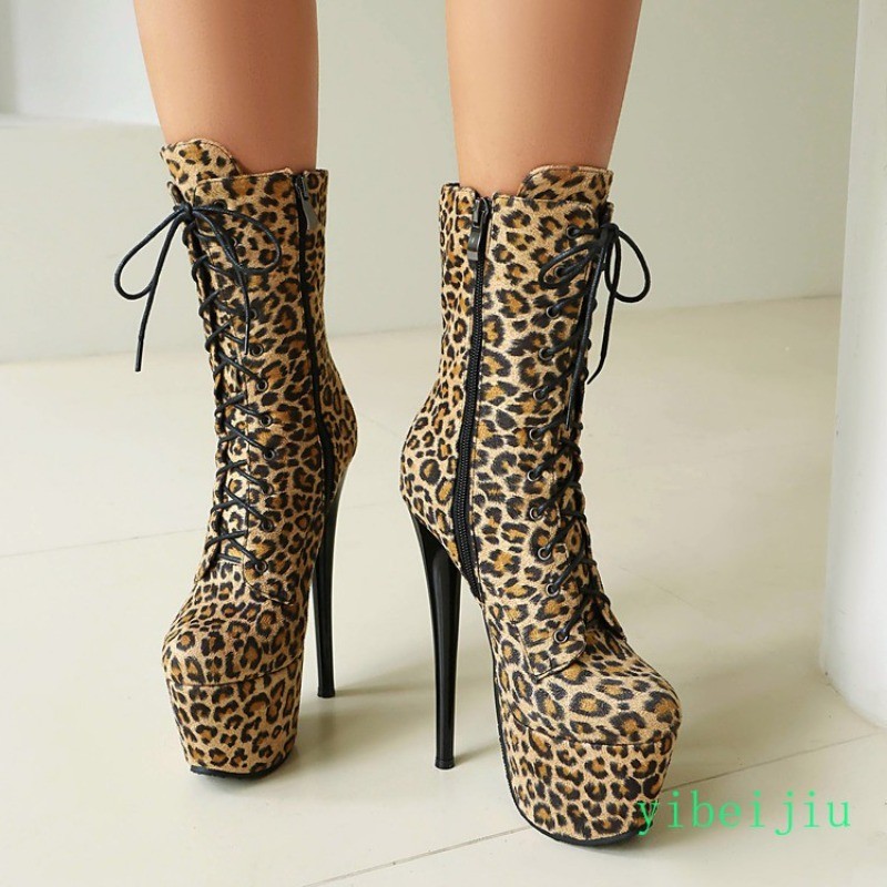Womens Super High Heel Ankle Boots Leopard Platform Performance Shoes Nightclub
