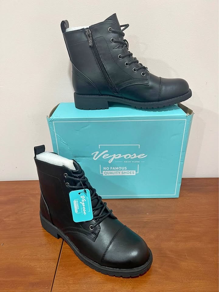VEPOSE WOMENS ANKLE BOOTS COMBAT LACE UP BOOTIES WITH INSIDE ZIPPER Size 7 Black