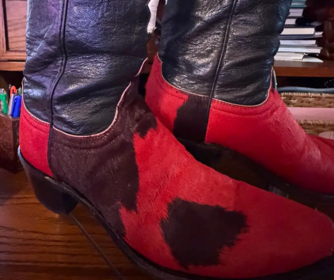 LUCCHESE Tool 1883 Cowhide Calf Hair Hide Red-White-Black Cowgirl Cowboy Boots 8