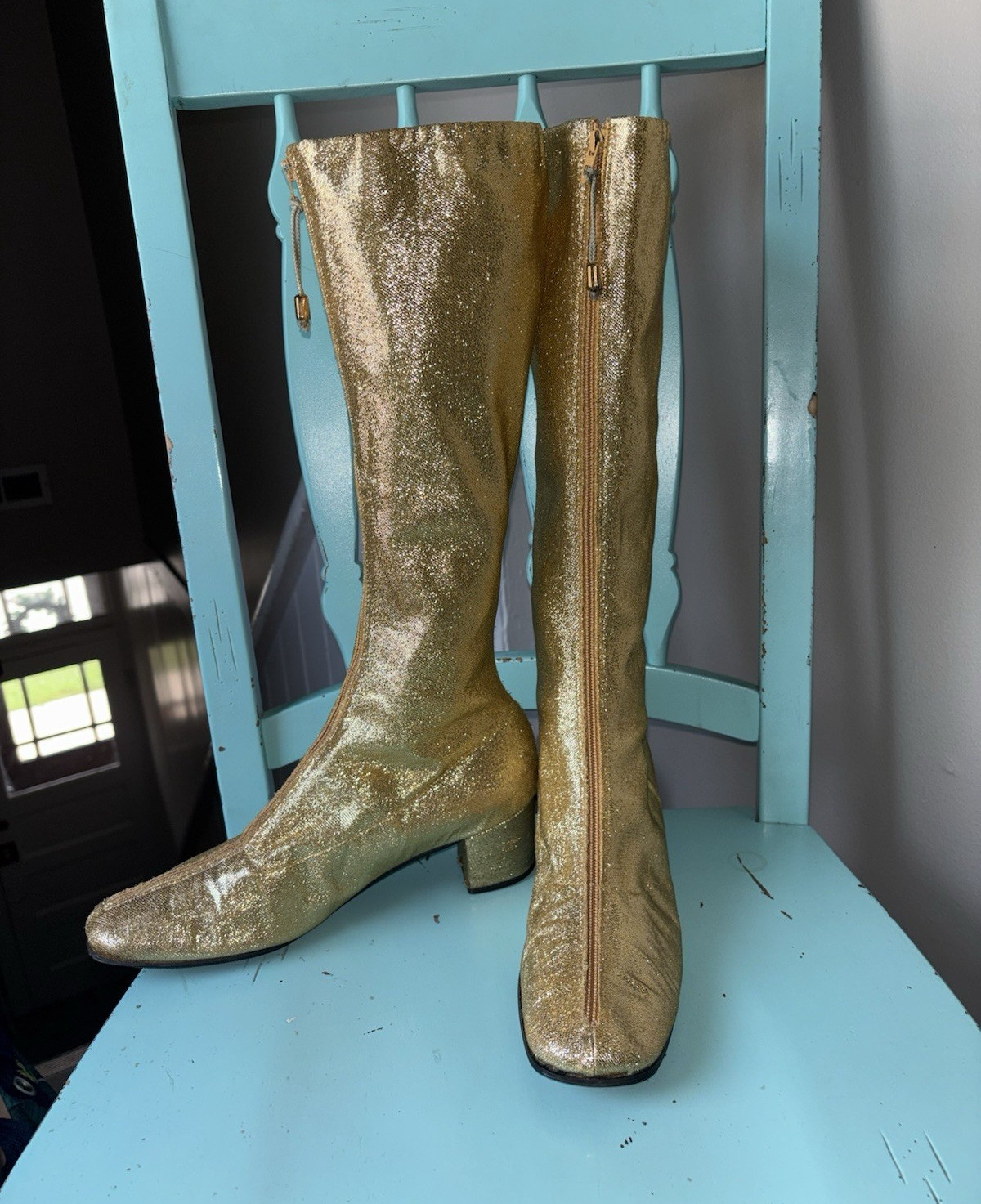 Rare Vintage Women Gold Metallic Lame Knee-High Go Go Boots