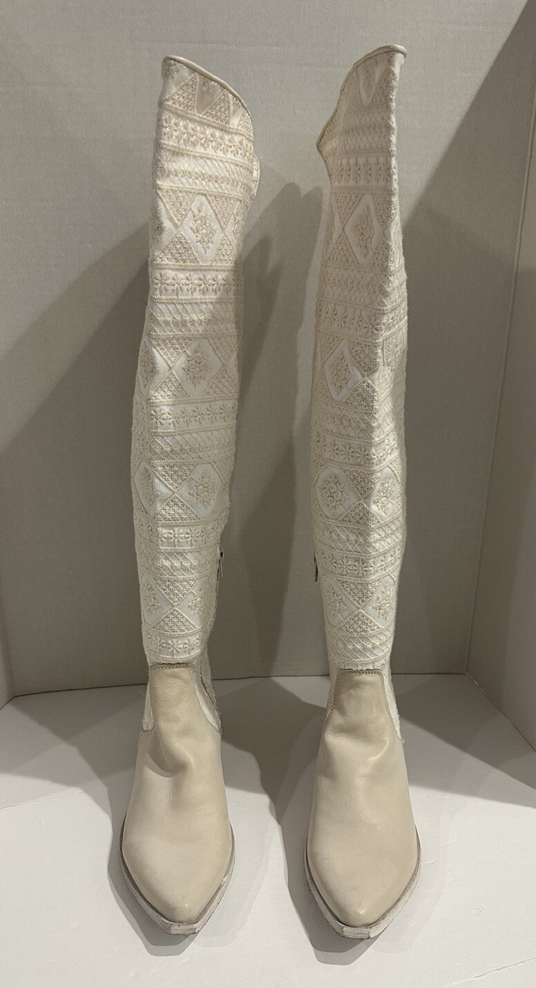 FREE PEOPLE Bren Ecru Slouch Boots Textile/Leather US 10 / EU 40 NEW Retail $298