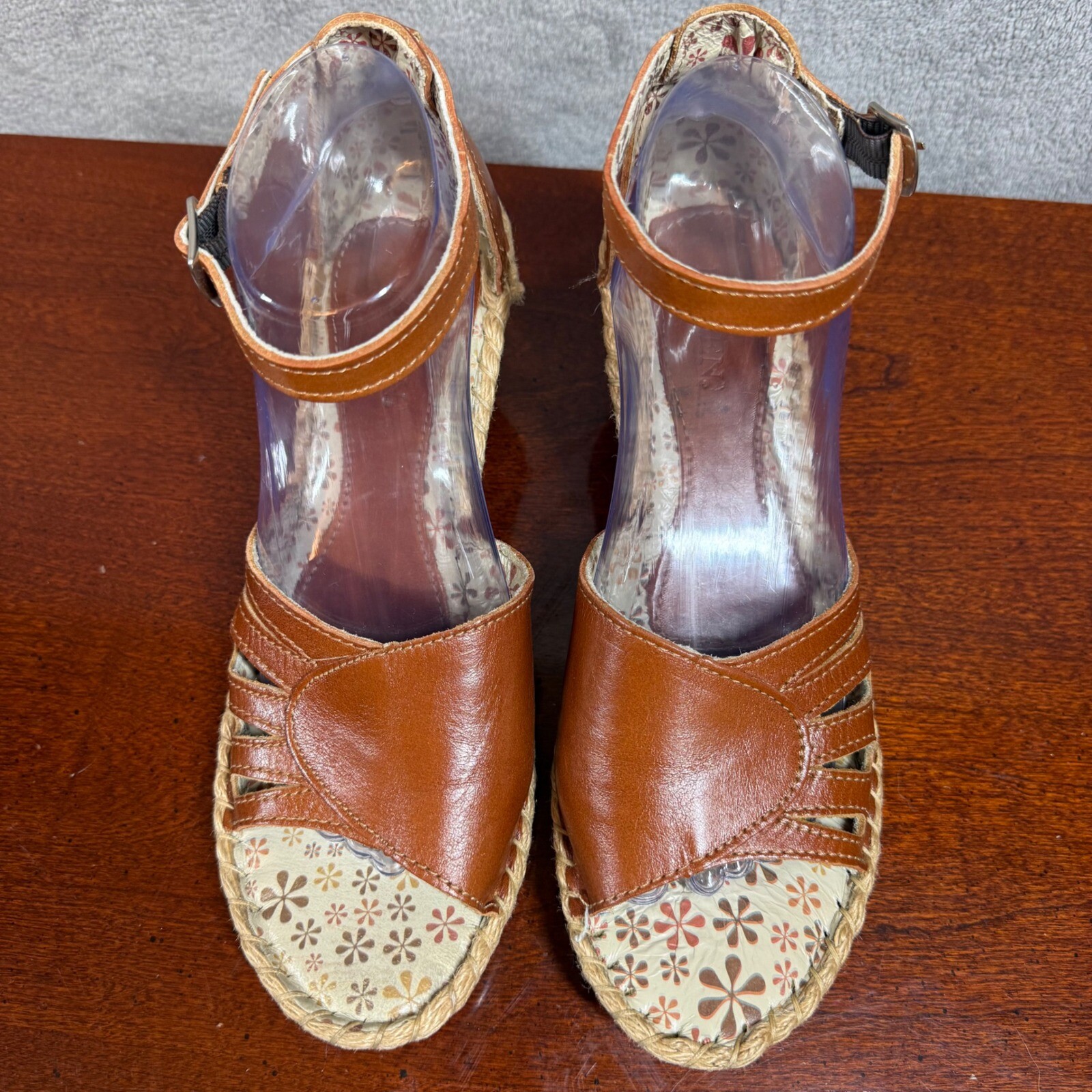 Boho Leather Espadrille Wedge Sandals Womens 9.5 Ankle Strap Comfort