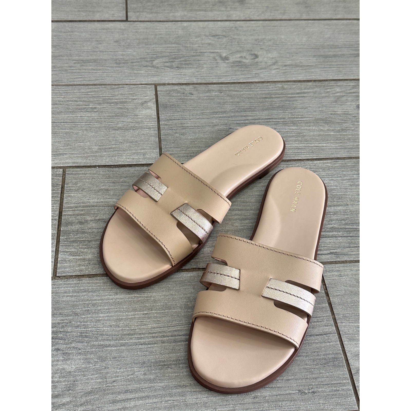 Cole Haan Flynn Porcelain Rose Gold Leather Slotted Slide Sandals New!