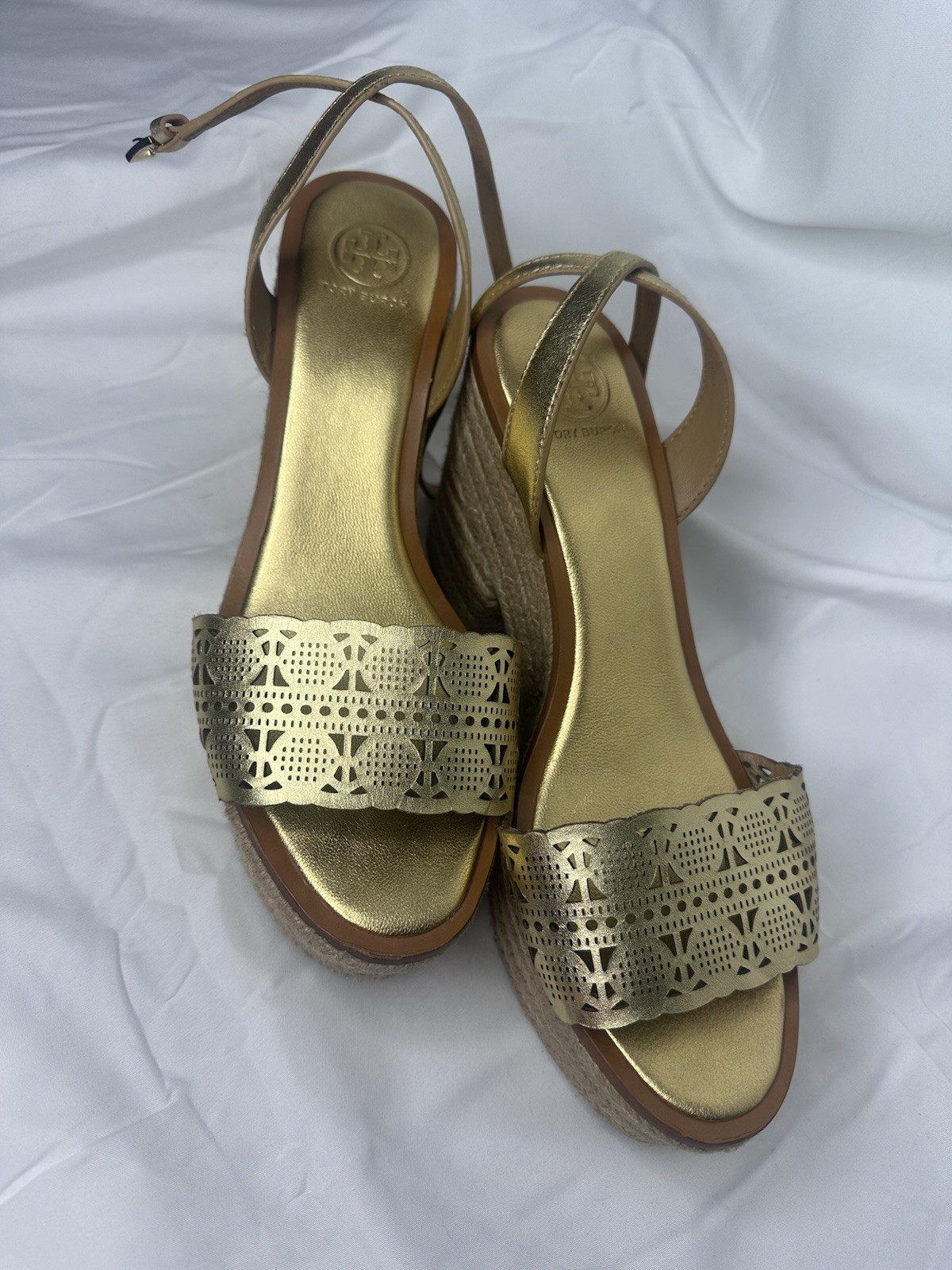 Tory Burch Platform Sandals Wedges Shoes Gold New Former Size 9.5