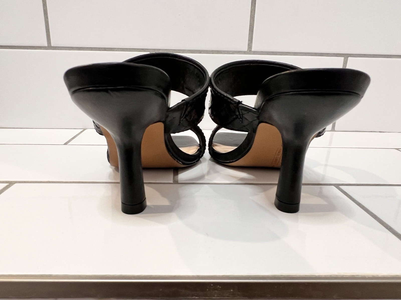 Vince Camuto Aslee Black Quilted Leather Square Toe Heeled Mule Sandals