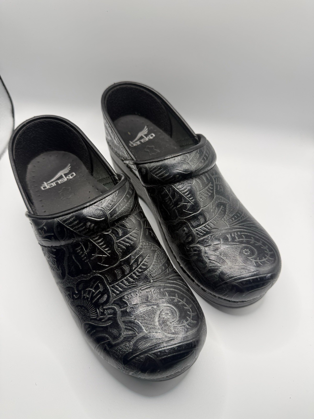 Dansko Professional Clogs EU 37 US 6.5 7 Black Embossed Leather Tooled Shoes