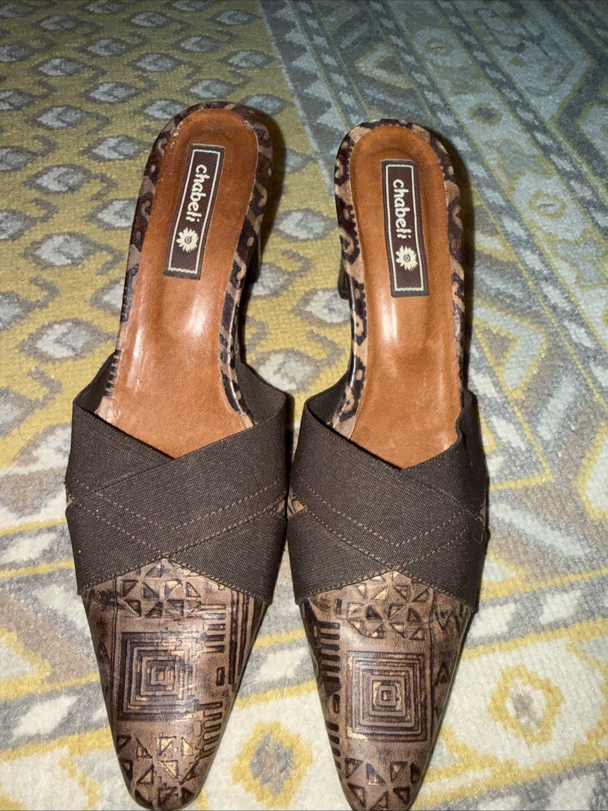 Chambeli Mule Brown Tribal Geometric Print Heels Pointed Toe Shoes 7.5/8