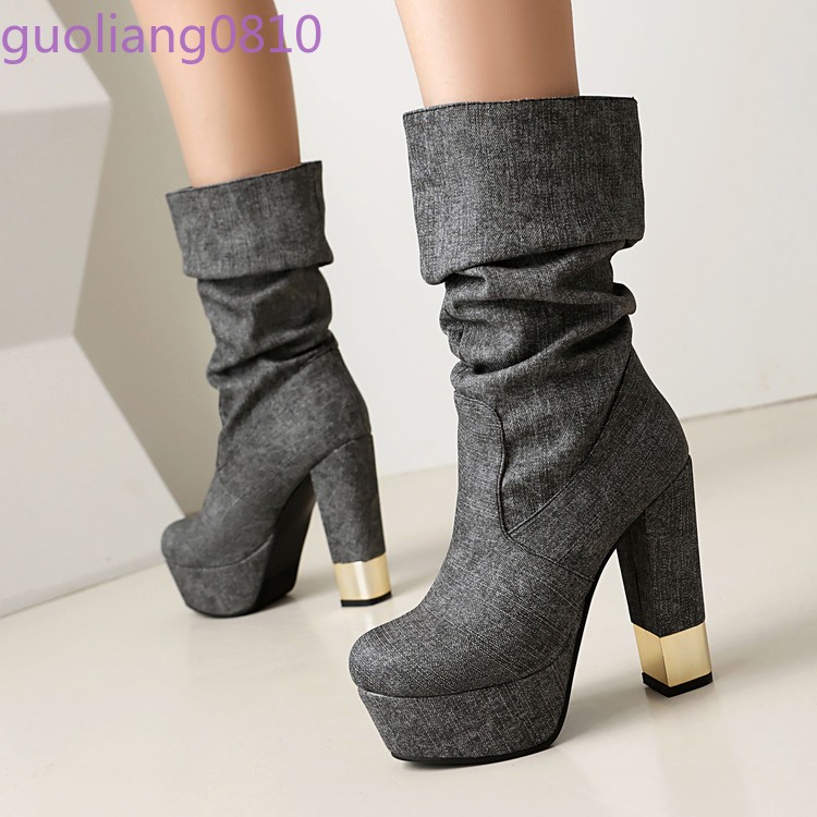 Women’s Faux Leather Mid Calf Boots Slip On Shoes Round Toe Block Heel Platform