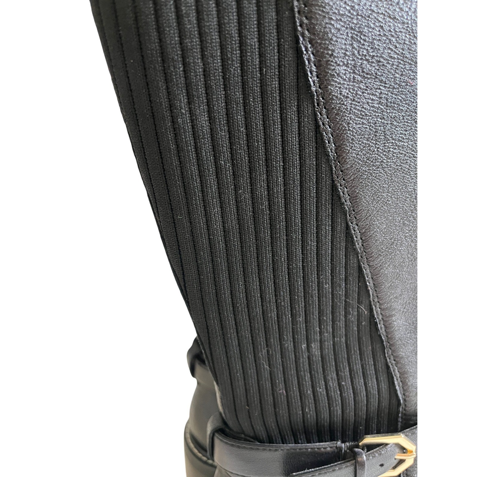 Vince Camuto Black Leather Ribbed Knit Boots Buckle Zip Lug Sole Women’s 7 1/2