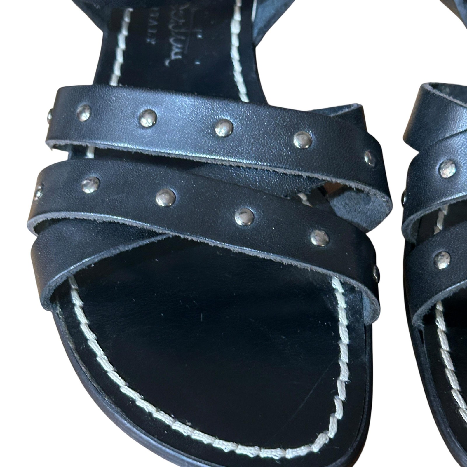 Paolo Bentini Sz 7 Black Leather Studded Sandals Italy Moto Punk Minimalist Flat