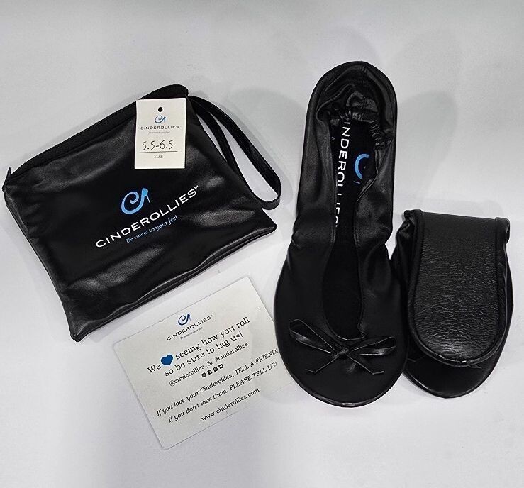Cinderollies Black Foldable Ballet Flats with Carrying Pouch Size 5.5-6.5