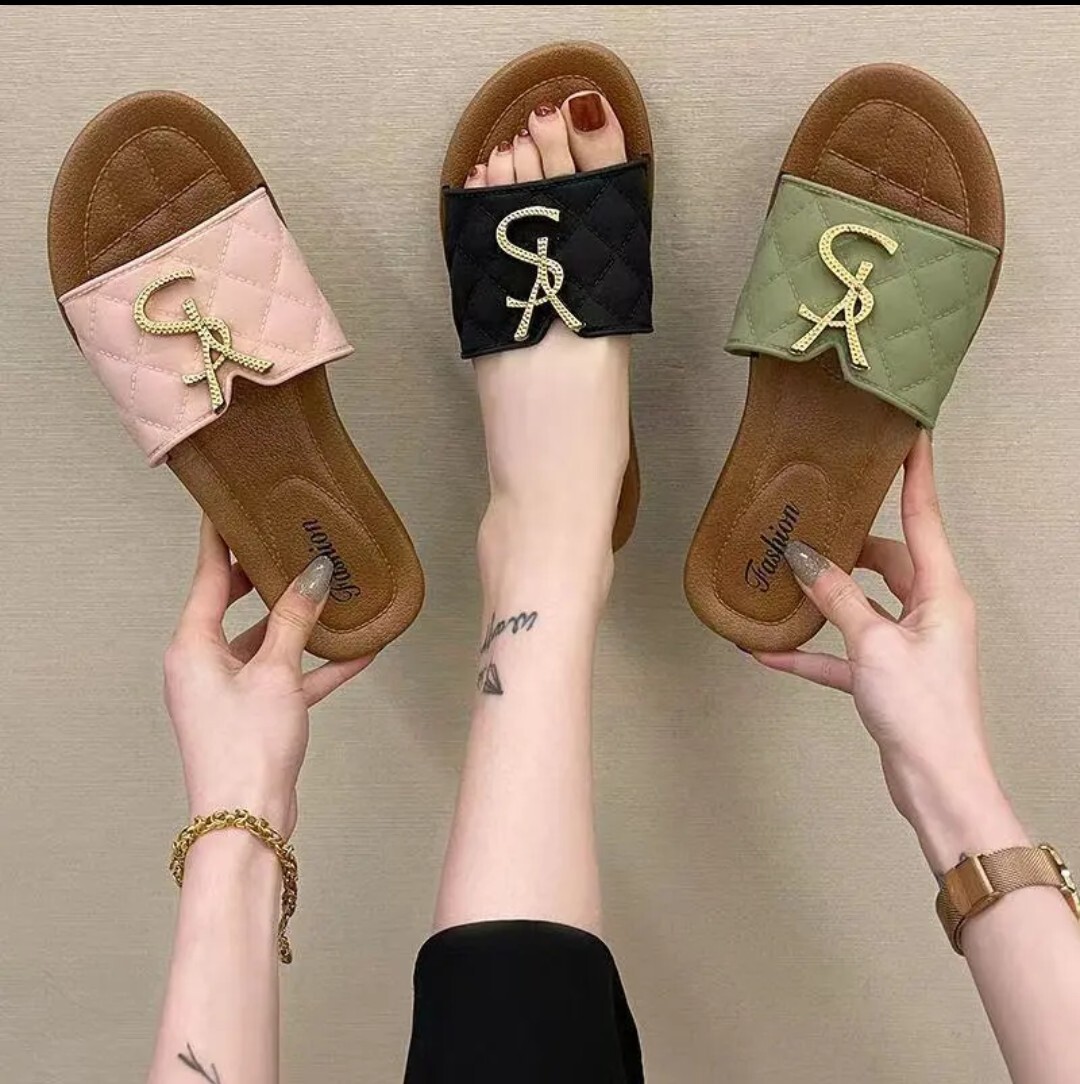 Slippers Woman Sandals On Gold Metal Decoration