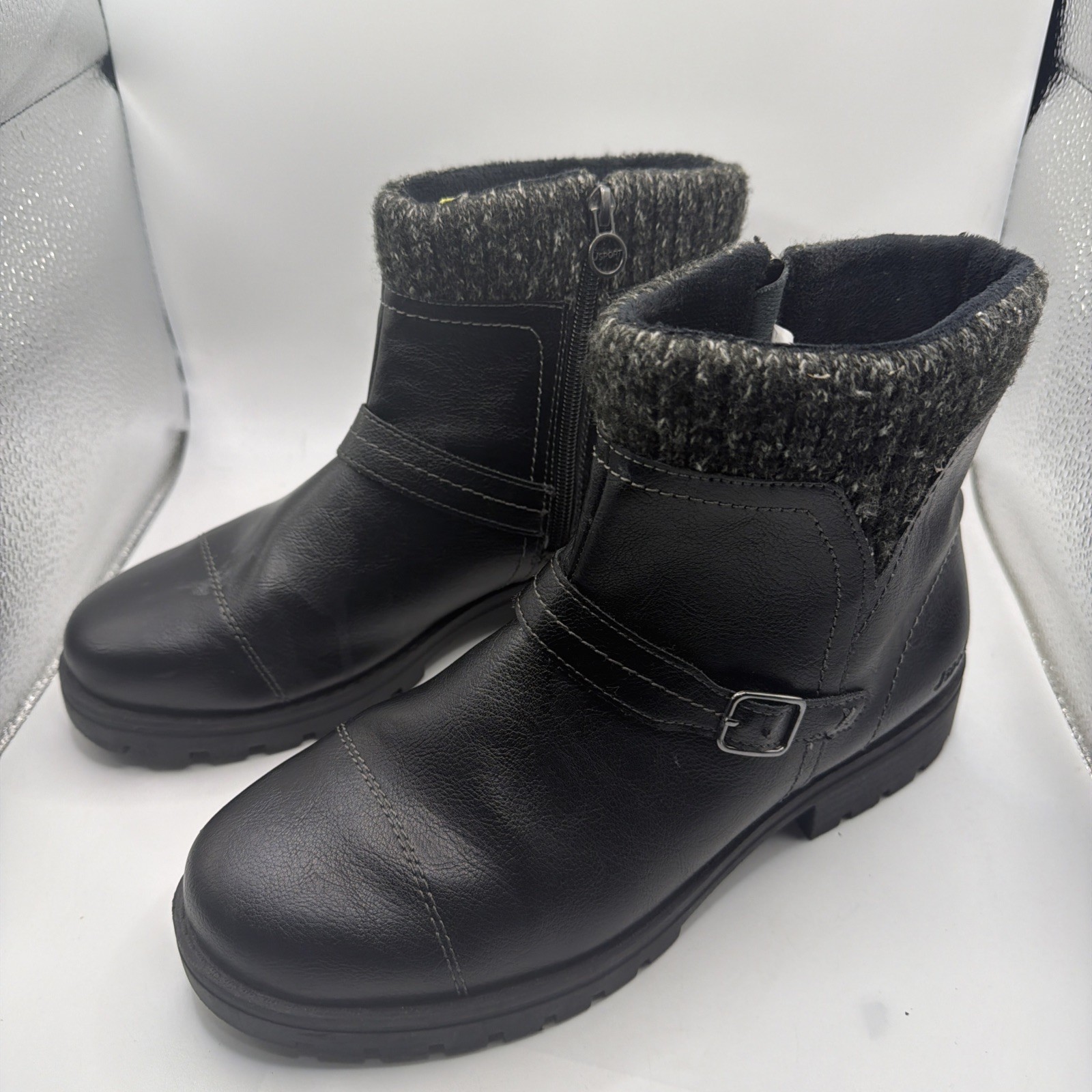 JSport Ankle Boots Womens Black Leather Round Toe Side Zip Buckle Comfort – 10