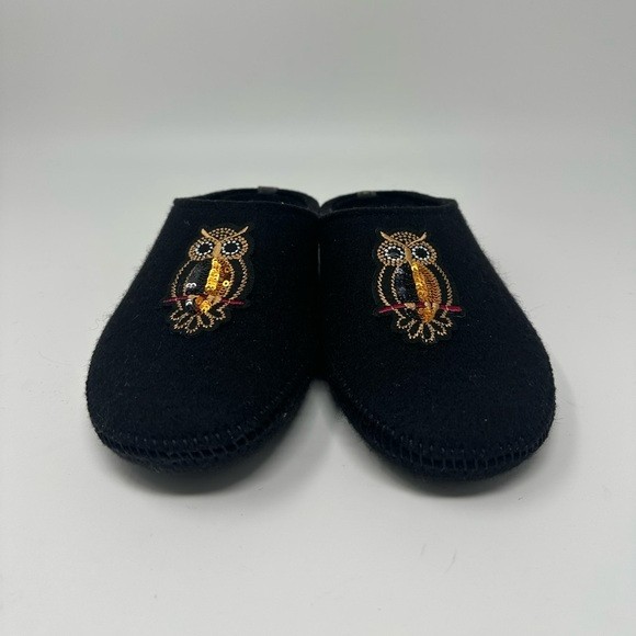 Made For You black Slippers 100% Boiled Wool Embroided Owl Applique Sz 7