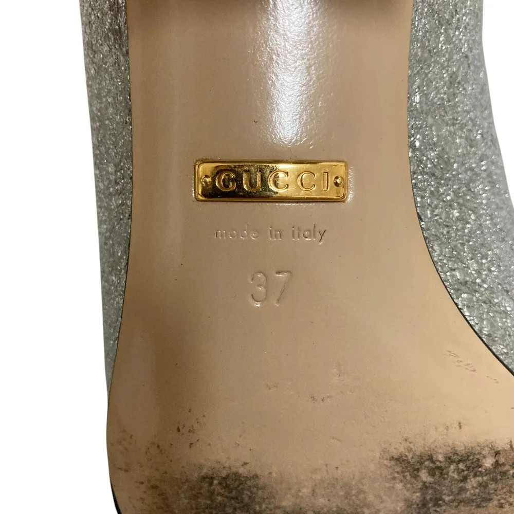 GUCCI GG Marmont Fringe Glitter Pumps Shoes Size 37 US 7 Silver Leather Used