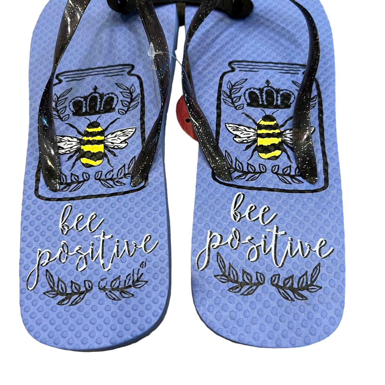 New Size M 7/8 “Bee Positive” Summer Rubber Flip Flops, Glitter Straps