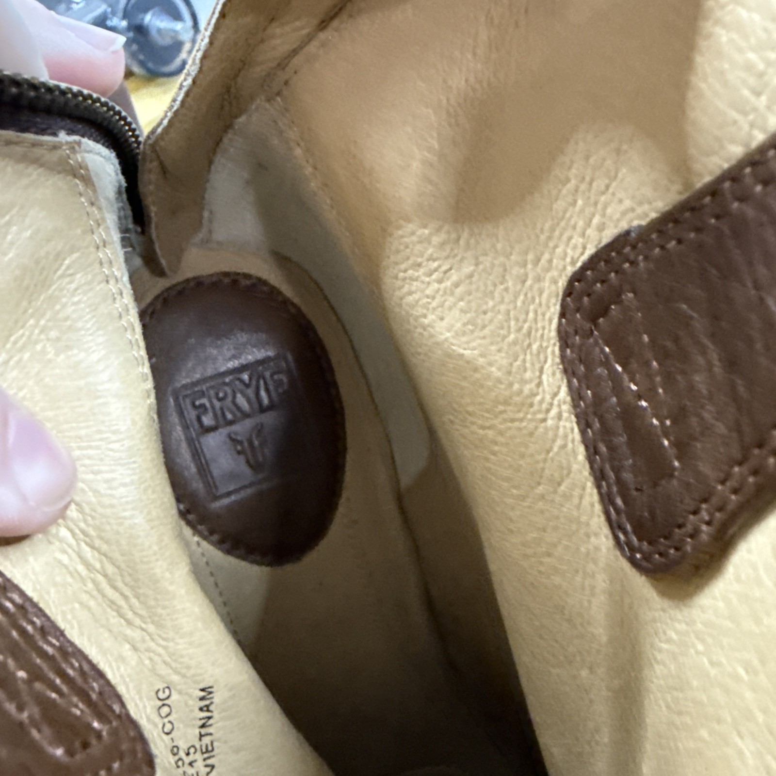 Frye Carson Covered Wedge Ankle Bootie Boots Zip Cognac Brown Leather 8.5 M