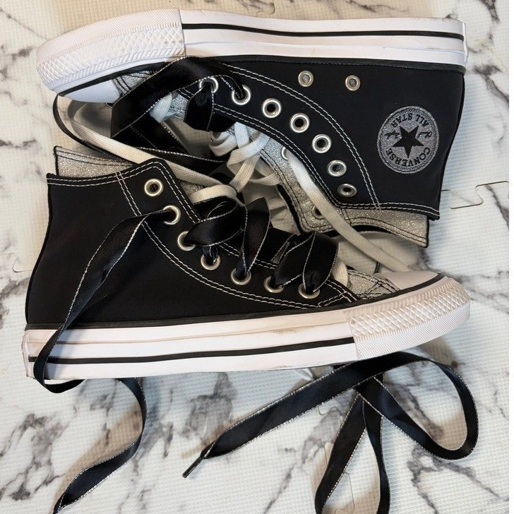 Converse All Star Black Silver Shine High Top Sneaker Satin Ribbon Laces Alt Y2K
