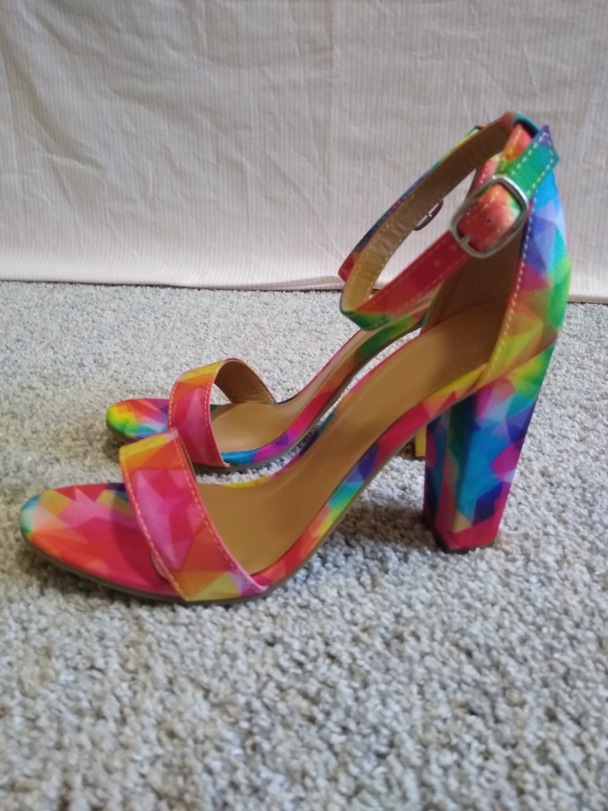 Y2K High Heels Rainbow Chunky Heels Sandals Textured Fabric Vintage Heels NIB 7