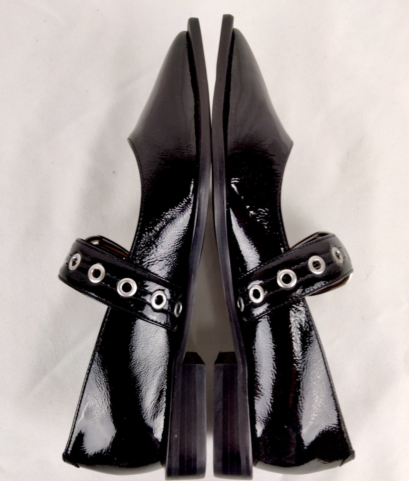 Maeve Pointed-Toe Moto Mary Jane Flats – Black Patent Leather – Size 38 US 7.5