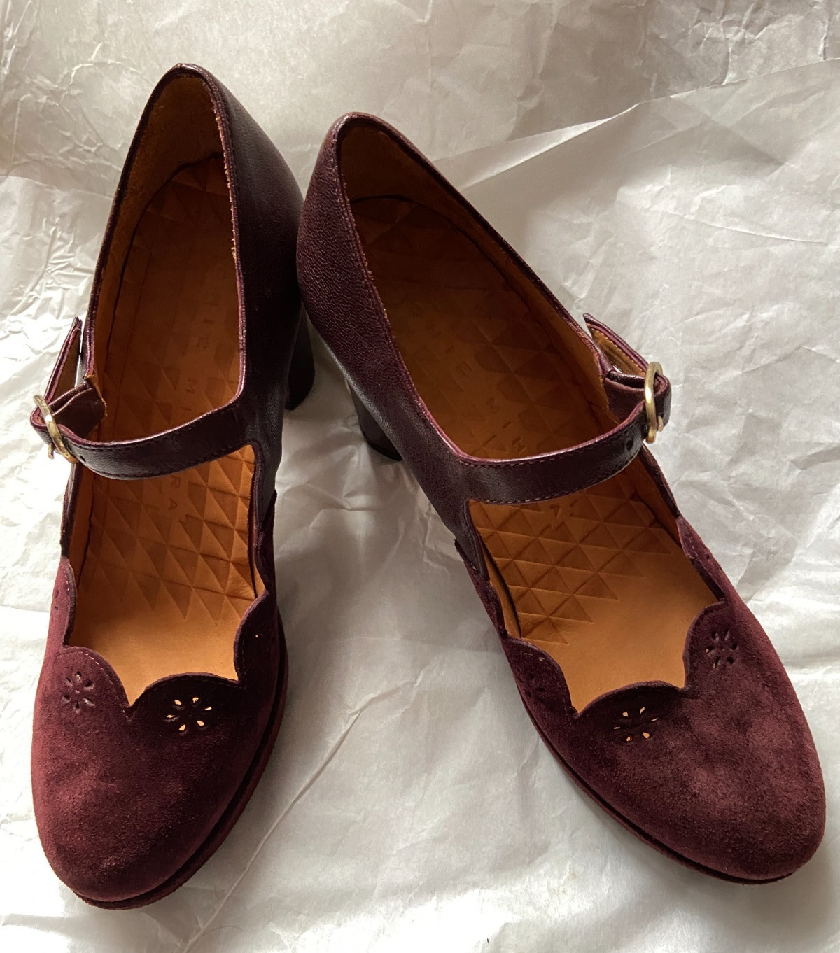 CHIE MIHARA VINTAGE SHOES SUEDE LEATHER IN BURGUNDY SCALLOPED FRONT 37 SPAIN
